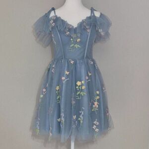Women’s Dusty Blue Floral Embroidered Tie‑Strap Tulle Dress Size 10 NWT